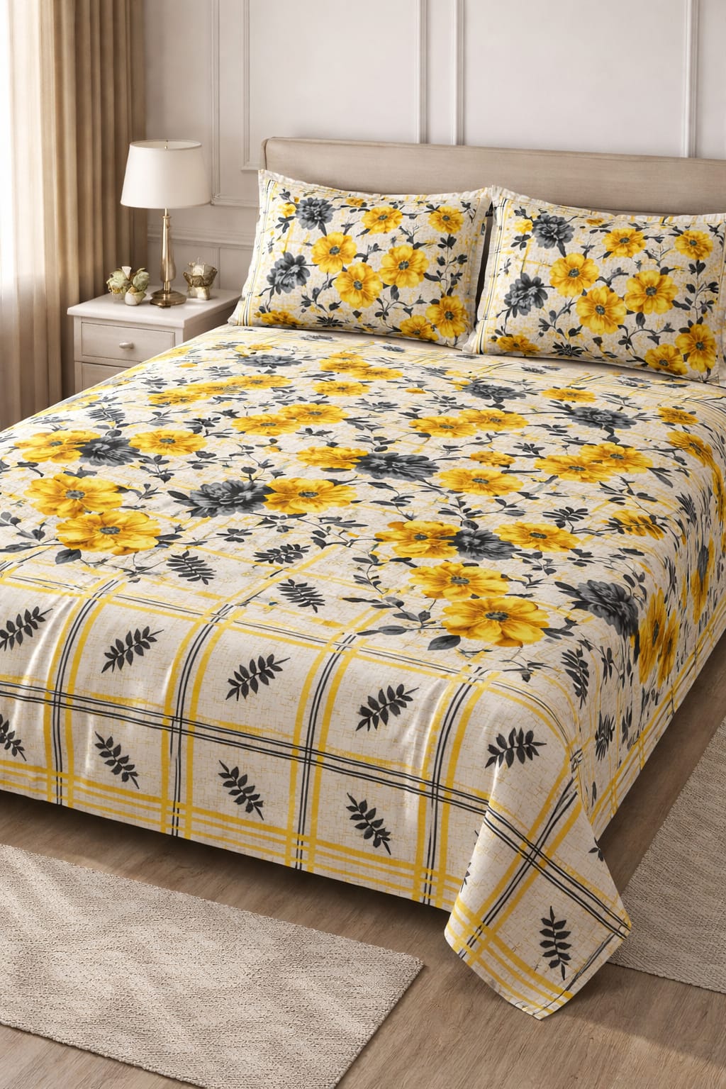 King Size - Cotton Bed Sheet - Yellow Flowers